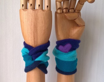 Up-cycled cashmere wrist warmers, green and purple stripe pulse cuffs No Thumbs with applique heart