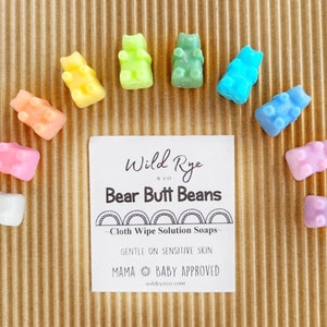 BEAR BUTT BEAN-Wipe Solution Bears, Cloth Wipe Bits, Super Gentle, eco friendly, natural, vegan, phthlatate, Paraben, and detergent free