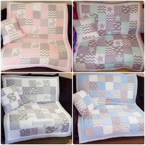 May include: Four patchwork baby blankets with matching pillows. The blankets are made of various fabrics in pink, grey, blue, and white. The pillows have personalised names: Max, Imogen, and two blank pillows.