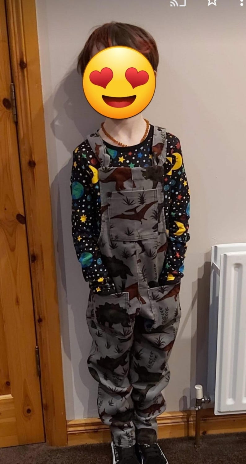Childrens grey Dinosaur Dungarees in stretch corduroy bild 9