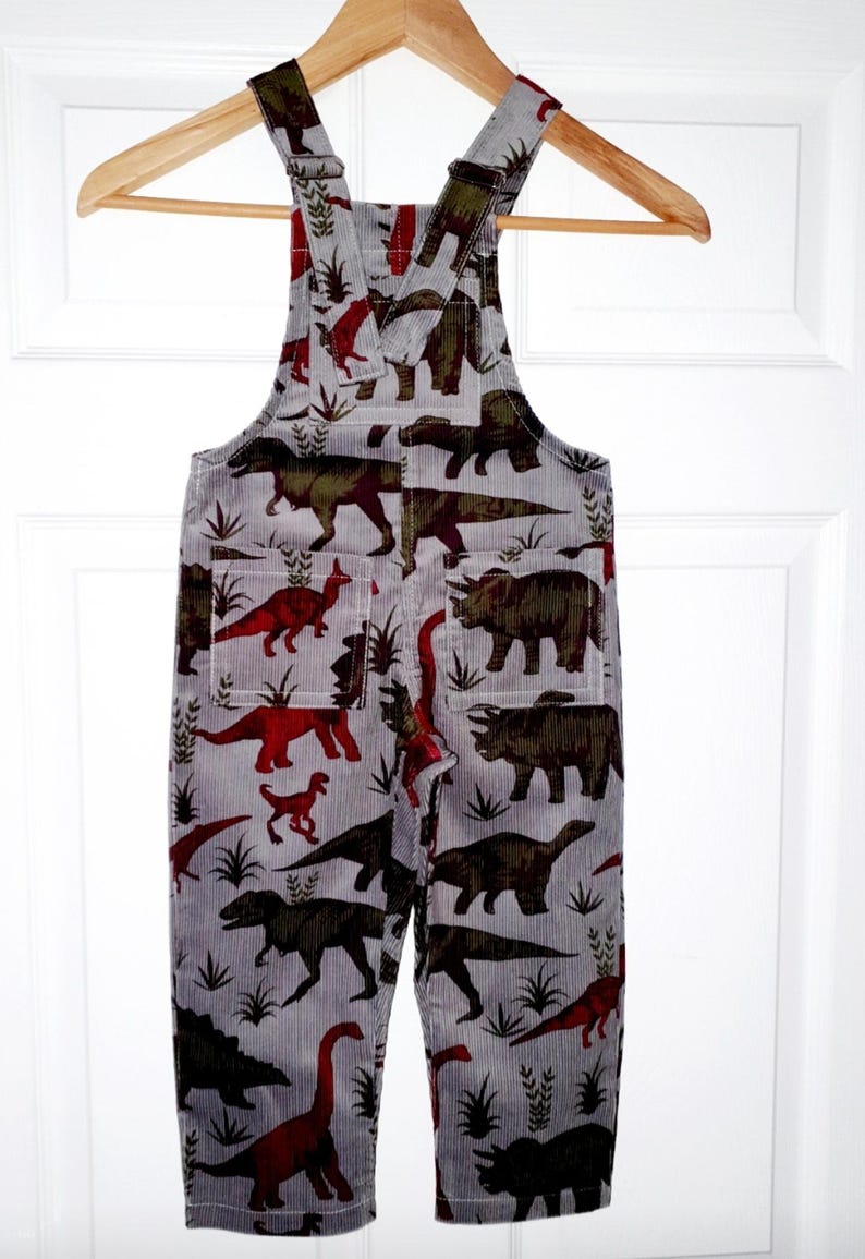 Childrens grey Dinosaur Dungarees in stretch corduroy bild 7