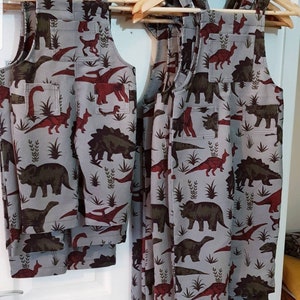 Childrens grey Dinosaur Dungarees in stretch corduroy bild 2