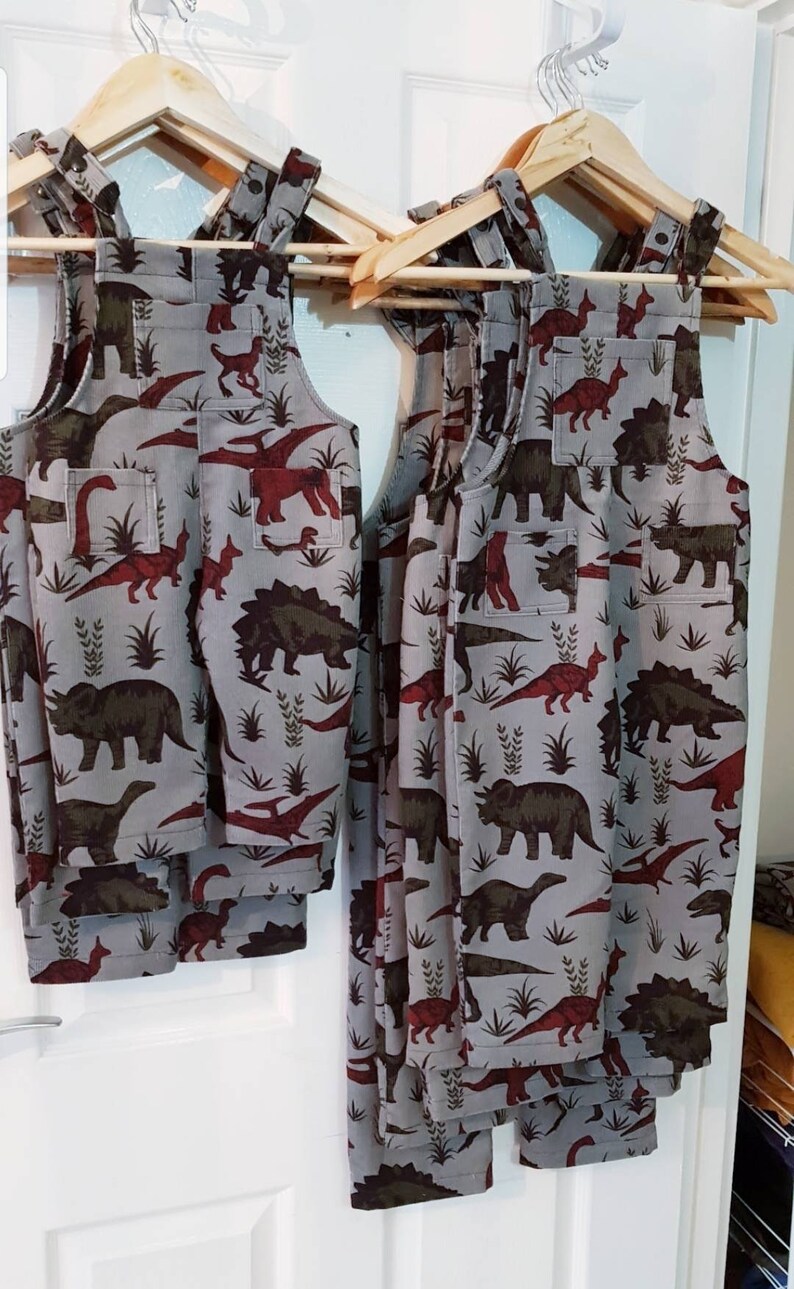 Childrens grey Dinosaur Dungarees in stretch corduroy bild 2