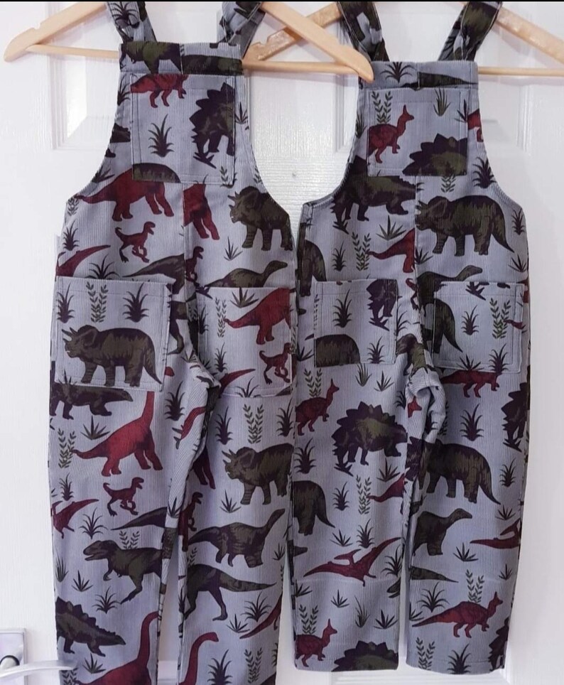 Childrens grey Dinosaur Dungarees in stretch corduroy bild 8