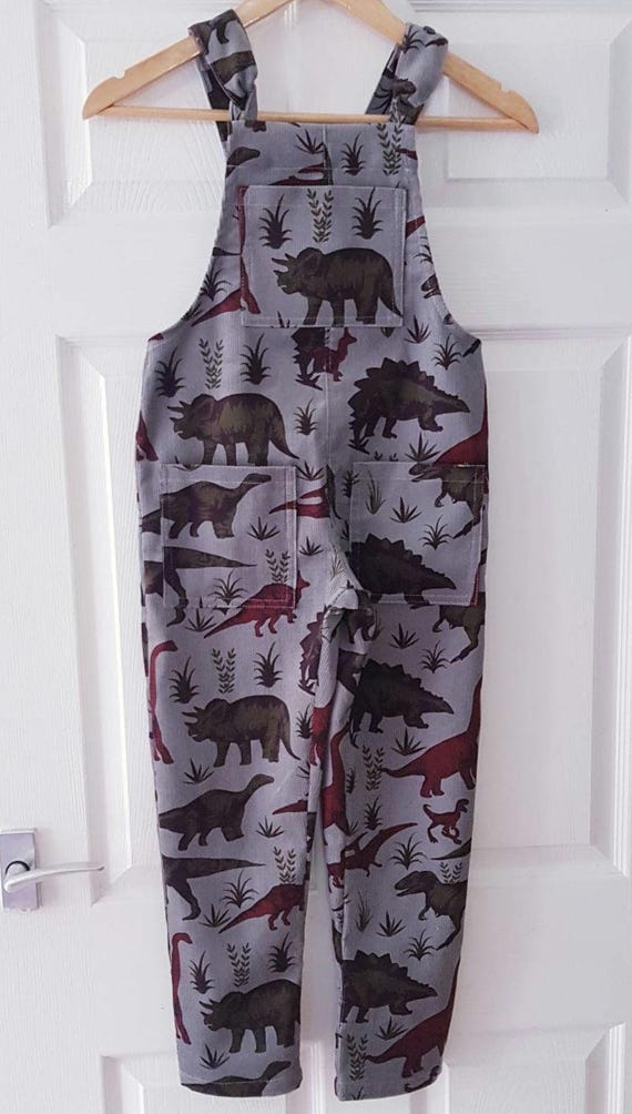 Childrens grey Dinosaur Dungarees in stretch corduroy
