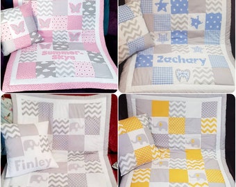 Personalised Patchwork Cot Quilts ,Elephant, Bunny, Star, Heart, Butterfly, Heart.