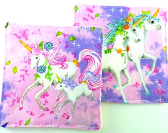 Set of 2 Washable Facial Cleansing Squares/Cup Spots. Flat cotton and Flannel. Unicorn Mini print.