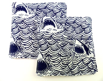 Set of 2 Washable Facial Cleansing Squares/Cup Spots. Flat cotton and Flannel. Shark print.