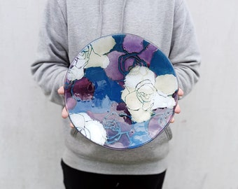 Very Large Glass Bowl, Bowl With Rose Pattern, Blue Roses, Blue Unique Dish, Handmade Dish, Colorful Kitchenware, Fusing Glass Art