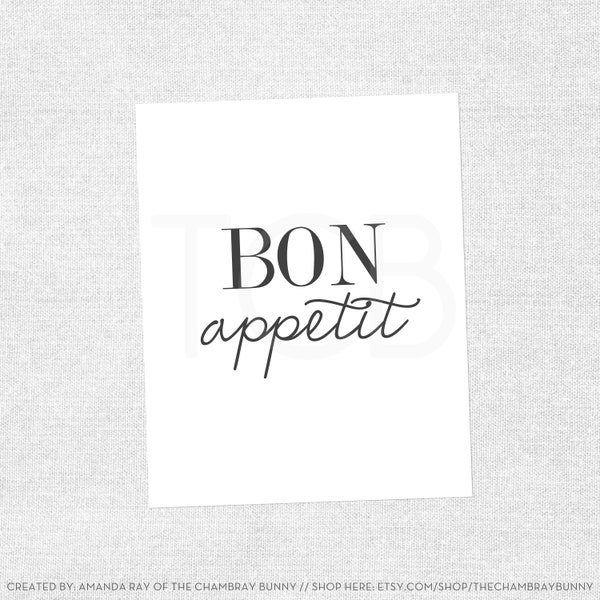 Art Print - Kitchen Dining Room Print - Bon Appetit 8x10 Typography Print