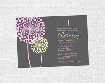 Cotton Blossom Pink & Yellow Baby Baptism / Dedication Announcement Invite Christian, Catholic, Lutheran - Customizable - PRINTABLE / DIY