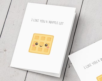 Tarjeta de amor con juego de palabras con waffles: "Simplemente porque sí, te extraño"