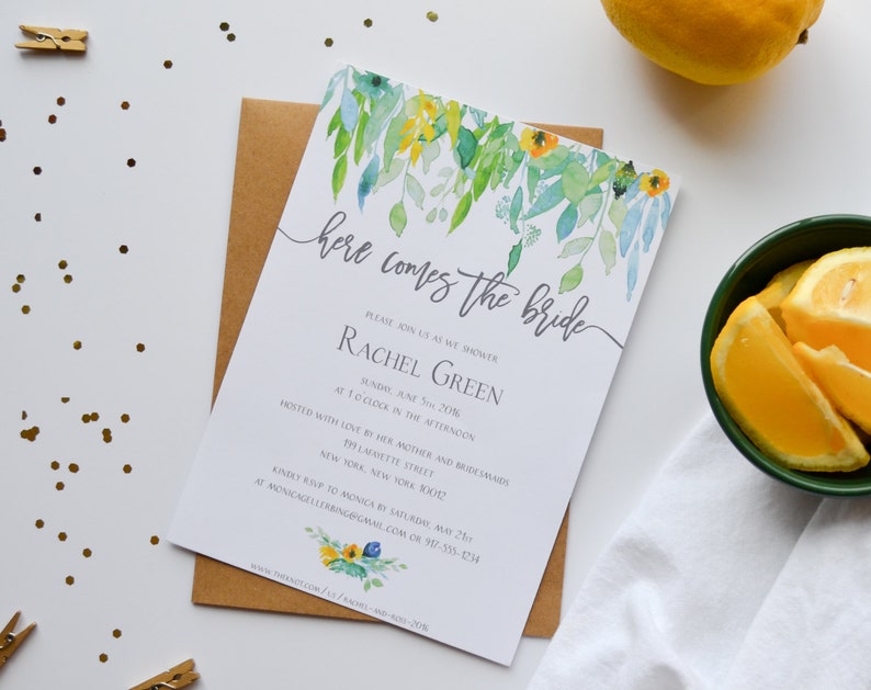 Printable or Printed Bridal Shower Invitation Yellow /& Blue Friends Floral Watercolor Spring Delicate Wedding Details Green