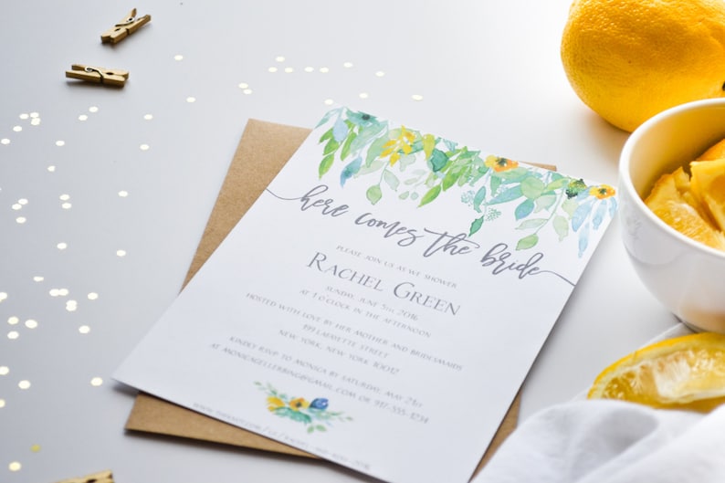 Printable or Printed Bridal Shower Invitation Yellow /& Blue Friends Floral Watercolor Spring Delicate Wedding Details Green