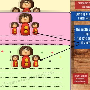 Puede incluir: Un conjunto de tres blocs de notas de color pastel con líneas que presentan una ilustración caprichosa de una abuela y sus nietos. Los blocs de notas están decorados con pequeños puntos y el texto "Grandma's Shadow - Notepaper".