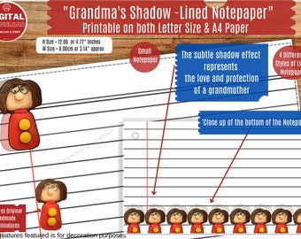 Grandma’s Shadow Lined Notepaper 4 STYLES Printable Lined Paper Notebook |Writing Bundle| Digital Printable Writing Paper | Stationery