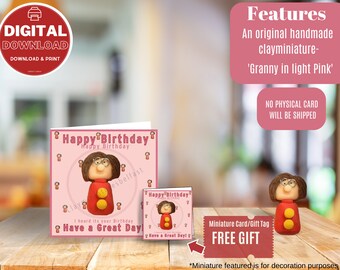 Printable Featuring 'Granny in Light Pink' A one of a kind handmade clayminiature- with a light pink background and light red border & text.