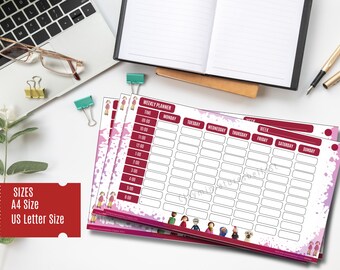 Get One FREE–Red Splatter& Plain - Printable Weekly Planner Template  Ideal for Adults or Kids Bright Colourful Landscape A4/US Letter Sizes