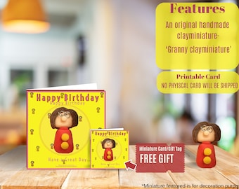 The 'Granny' original clayminiatue small Bright card featuring handmade figures Instant Download Cute printable envelope