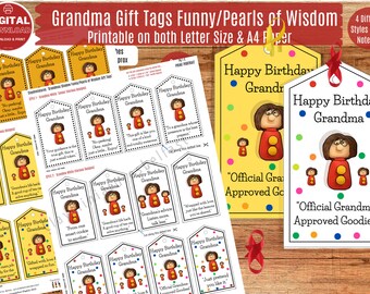 Grandma Printable Gift Tags / Happy Birthday Gift Tags / Gift Labels In Three Colours / Funny Messages & Pearls of Wisdom on each tag