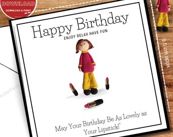 Humorous-Girl in Yellow Trousers & Lipstick Birthday Bright 9.5cmx9.5cm (3.7”approx) Printable  Original Photo clayminiature