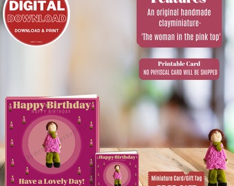 Printable Featuring 'The woman in the pink top' a one of a kind handmade clayminiature with a dark pink background and beige text.