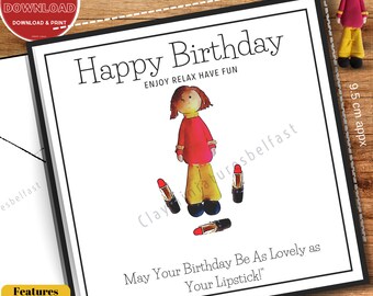 WATERCOLOUR STYLE Humorous-Girl in Yellow Trousers & Lipstick Birthday Bright 9.5cmx9.5cm (3.7”approx) Printable /paintbrush effect