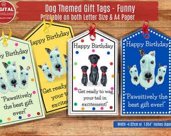 Dog Themed Gift Tags (24)  Printable Gift Tags / Happy Birthday Gift Tags / Gift Labels In 4 Colours / Funny Messages on each tag