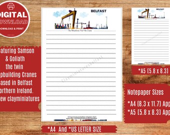 Printable notepaper Belfast Samson and Goliath cranes two sizes, A4 and A5 US Letter Size templates Original