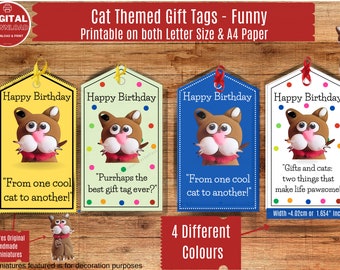 Cat Themed Gift Tags (24) Printable Gift Tags / Happy Birthday Gift Tags / Gift Labels In 4 Colours / Funny Messages on each tag