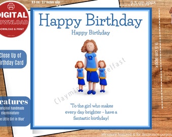 The Little Girl in Blue Happy Birthday Printable  3.7” Greeting Card with Envelope - Cute Birthday Card