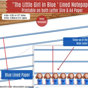 May include: Printable lined notepaper with blue lines. The notepaper is 12 inches tall and 8 cm wide. The image shows a close-up of the bottom of the wide lined notepaper with a row of small clay figurines in blue dresses.
