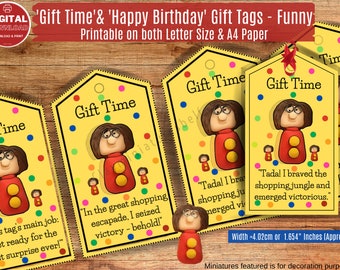 24 Gift Tags 5 Diff Colours Two Types 1. Gift Time 2. Happy Birthday 24 humorous messages featuring an original clayminiature
