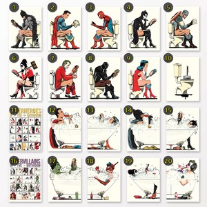 Set de póster de superhéroes en el baño. Cómic superhéroe | Etsy