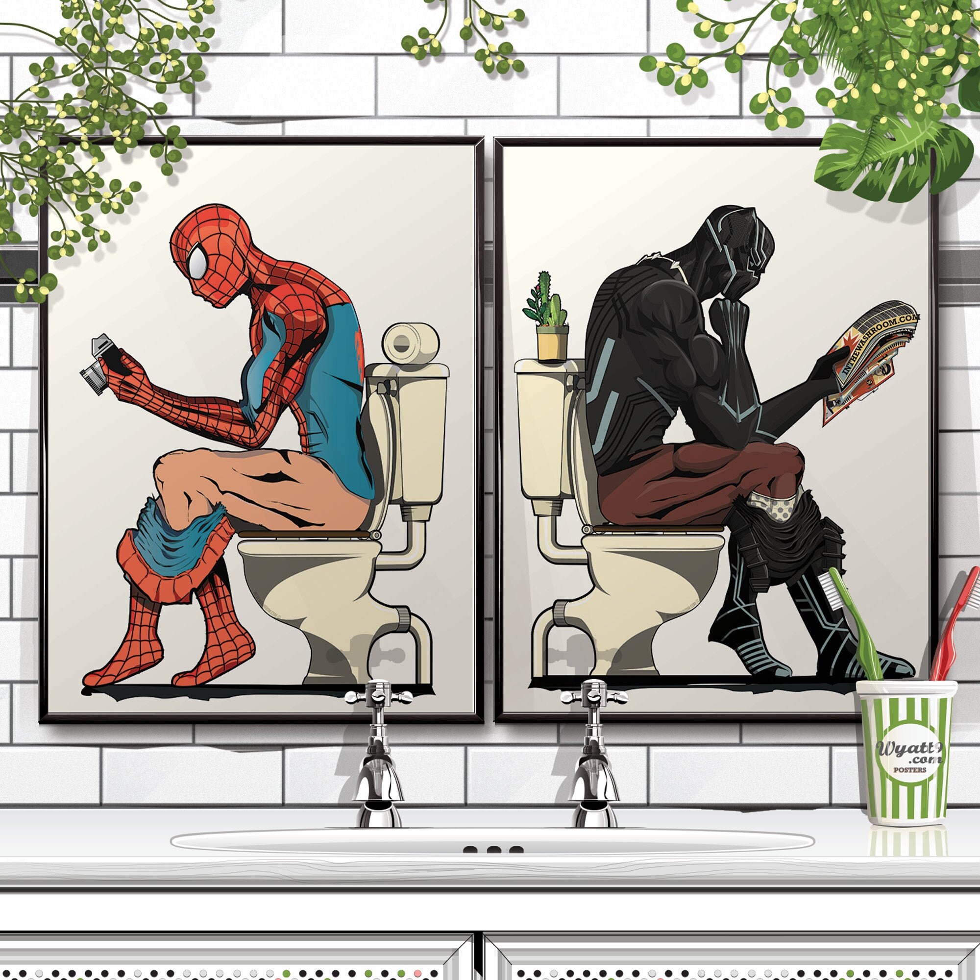 Spider-man y Pantera Negra en el set de carteles del baño. | Etsy
