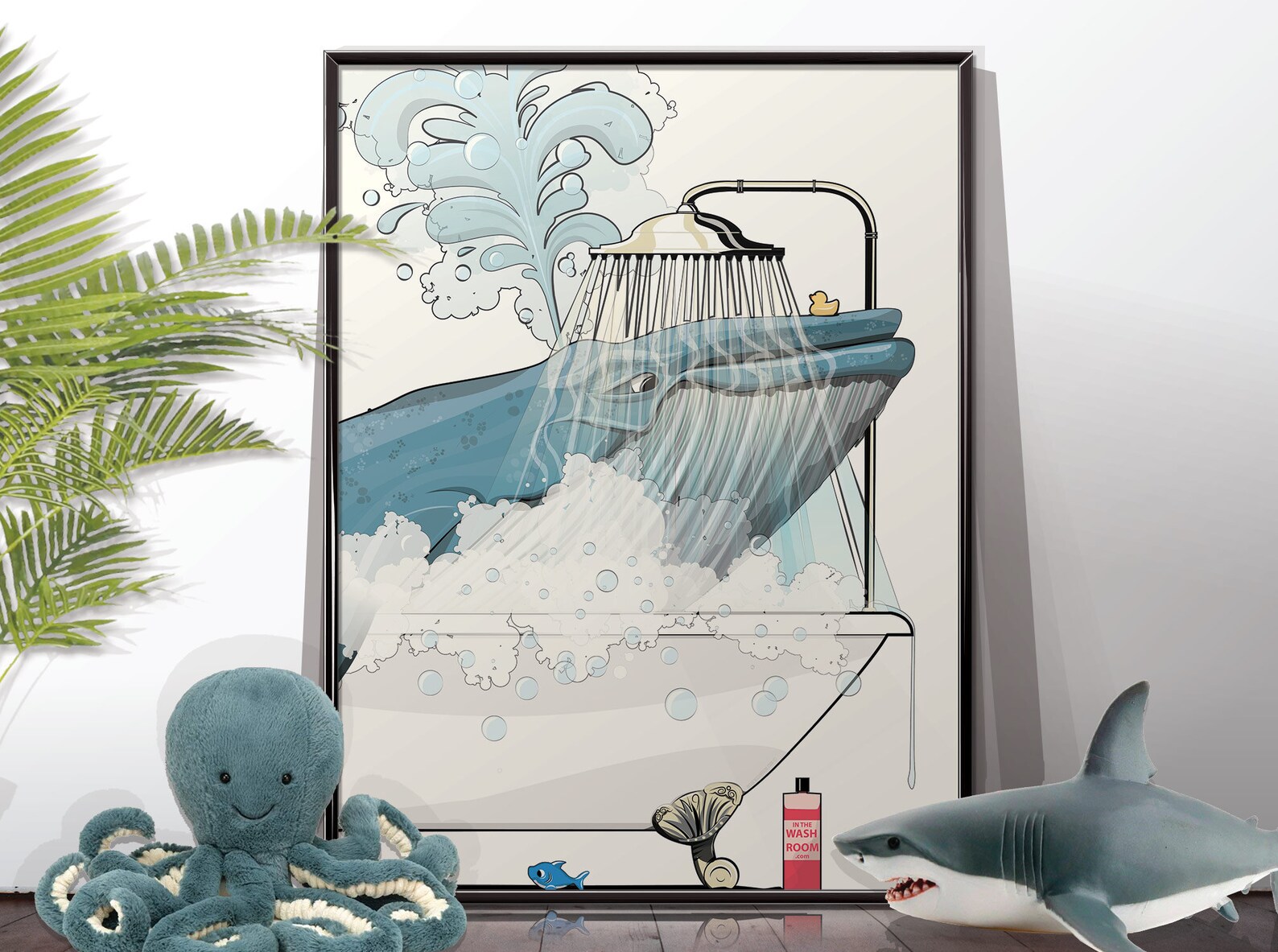 Blue Whale in the bath Sea Life bathroom poster print. Funny Etsy