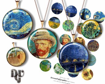 VAN GOGH Digital Collage Sheets - Fine Art Paintings Van Gogh Bottle Cap 1 inch 1", 1.25", 1.5" 30, 20 mm round pendants printable C034