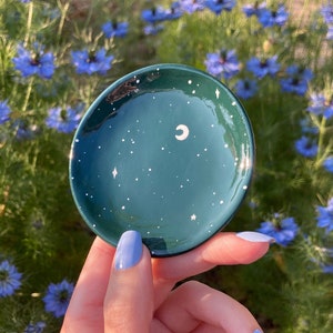 Crescent Moon and Star Personalised Ring Dish - Deep Green and White Cute Clay Trinket Tray - Jewellery, Handmade and Hand Painted Small