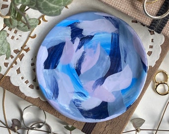 Abstract Painting Ring Dish - Blue, Purple, White Zero Waste Jewellery Storage Tray, Handmade and Hand Painted, Small