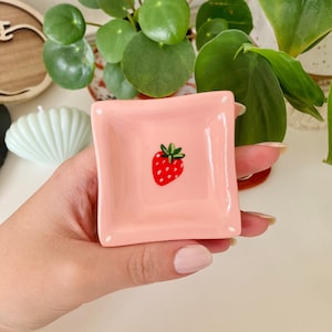 Mini Strawberry Light Baby Pink Peachy Pink Cute Clay Ring Trinket Dish - Jewellery Storage, Handmade and Hand Painted Square Bowl