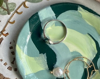 Abstract Painting Ring Dish - Camouflage Green and White Zero Waste Jewellery Storage Tray, Handmade and Hand Painted, Small