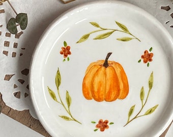 Pumpkin Clay Ring Plate Jewellery Dish, Floral Wreath Autumn - Handmade Home Decoration - Small