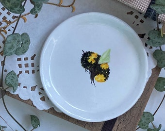 Bee Ring Dish - Clay Jewellery Tray, Handmade and Handpainted, Bumble Bee Watercolour Artwork - Small Size