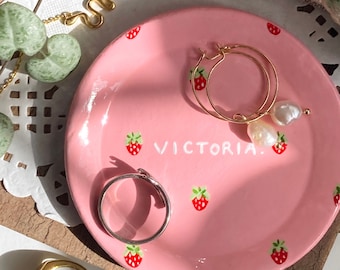 Strawberry Name Dish - Personalised Peachy Baby Pink Cute Clay Ring Trinket Dish - Jewellery Storage, Handmade and Hand Painted Bowl Small