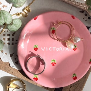 Strawberry Name Dish Personalised Peachy Baby Pink Cute Clay Ring Trinket Dish Jewellery Storage, Handmade and Hand Painted Bowl Small image 1