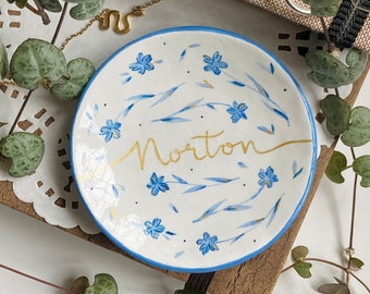 Blue Floral Personalised Name Dish Jewellery Ring Trinket Bowl gift - Porcelain Florals, White, Blue and Gold Watercolour Floral - Small