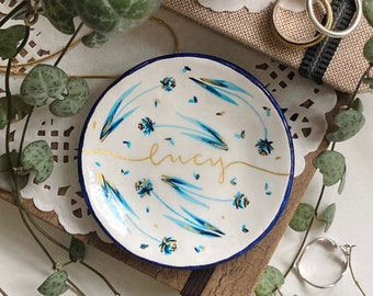 Personalised Name Dish Jewellery Ring Trinket Bowl gift - Blue and Gold Watercolour Floral Small