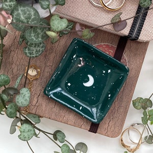 Crescent Moon and Star Ring Dish - Deep Green and White Cute Clay Trinket Tray - Jewellery Storage, Handmade and Hand Painted Small