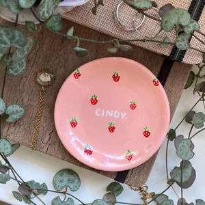 Strawberry Name Dish Personalised Peachy Baby Pink Cute Clay Ring Trinket Dish Jewellery Storage, Handmade and Hand Painted Bowl Small image 6