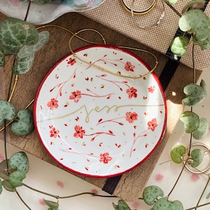 Personalised Floral Name Dish Jewellery Ring Trinket Bowl gift - Burgundy Red and Gold Watercolour Vintage Floral